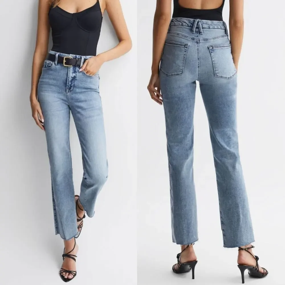 Good American Straight Leg Raw Hem Jeans Light Wash Indigo High Rise Womens Sz 0 - Picture 1 of 10